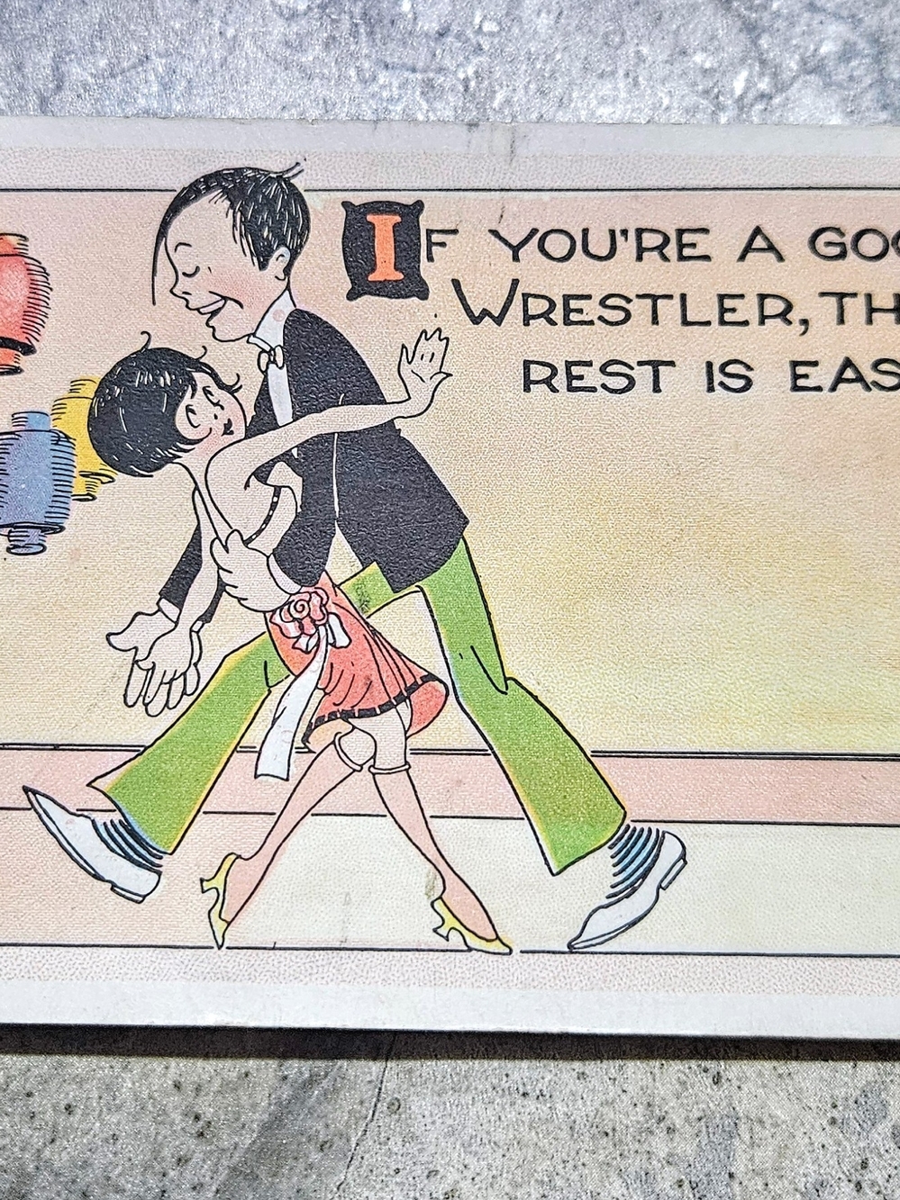 Vintage Post Card  Dancing Couple Art Print in Green and Pink
